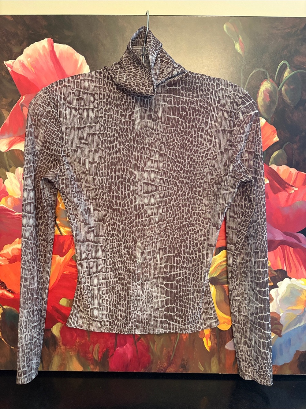 NWOT Mesh Crocodile-Print Long Sleeve Turtleneck Top - Gray
